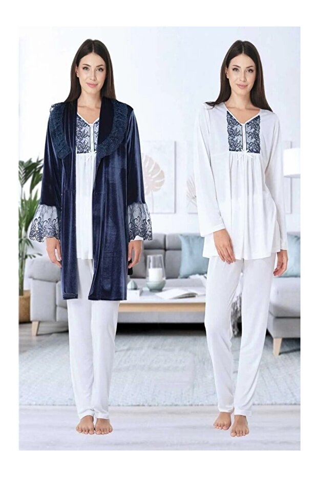 Velvet Navy Blue Lace Special Design Winter Maternity Maternity Dressing Gown Pajama Set