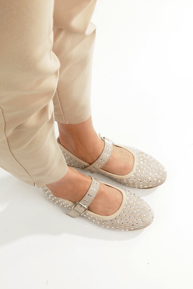 ''Lucia'' Skin Suede Stone Round Toe Helmeted Orthopedic Ballerinas New Season