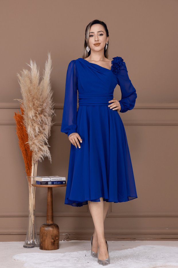 Chiffon Rose Detailed Midi Length Dress - Cobalt Blue