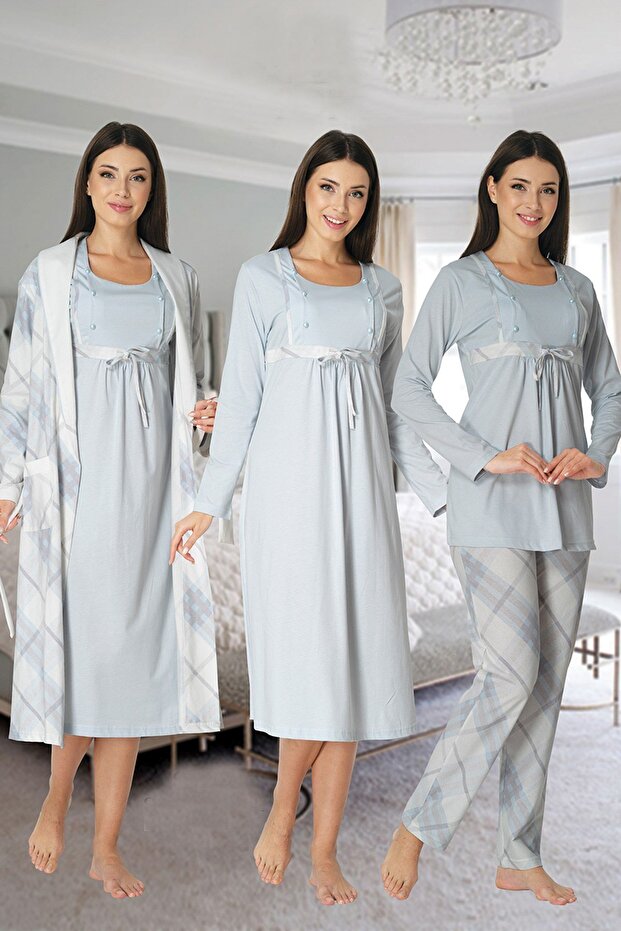 Women's Blue Patterned Long Sleeve Winter Cotton Maternity Maternity Dressing Gown Pajama Set Nightgown Set