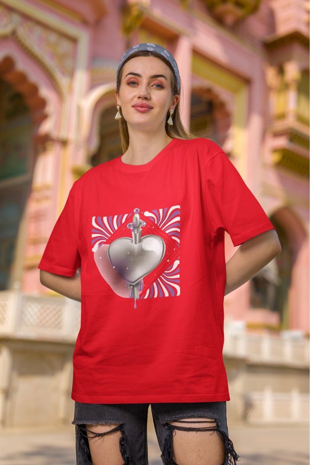 Girl/Women Heart Transfer Printed Round Neck Short Sleeve T-Shirt