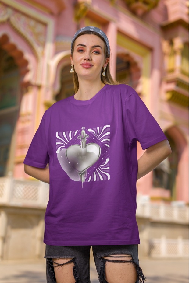 Girl/Women Heart Transfer Printed Round Neck Short Sleeve T-Shirt