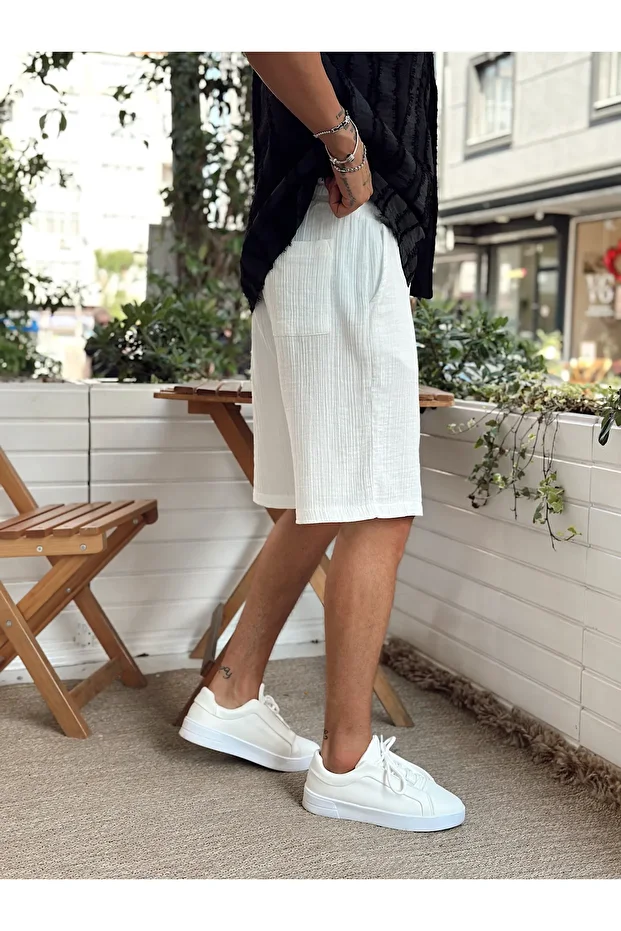 Müslin Kumaş Basic Şort Beyaz - 2