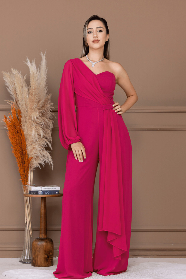 Chiffon Single Sleeve Detail Jumpsuit - Fuchsia