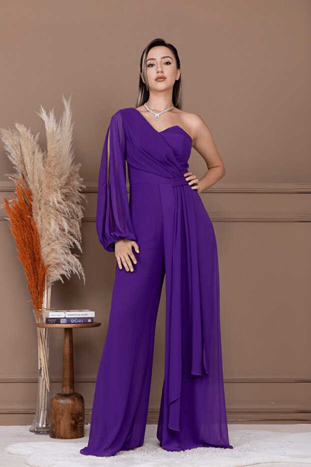 Chiffon Single Sleeve Detail Jumpsuit - Purple