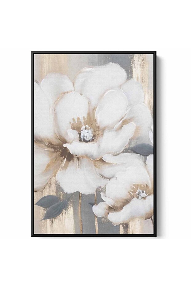 لوحة فنية جدارية من القماش مشدودة على إطار خشبي بإطار أسود عائم وتصميم تجريدي للزهور