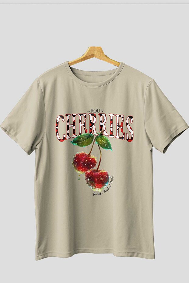 Cherry Cherries 7 Front Printed Beige Oversize T-Shirt Men Women Cotton Crew Neck Tshirt