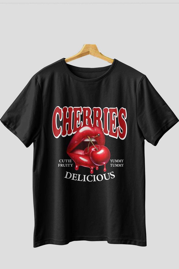 Cherry Cherries 2 Front Printed Black Oversize T-Shirt Men Women Cotton Crew Neck Tshirt
