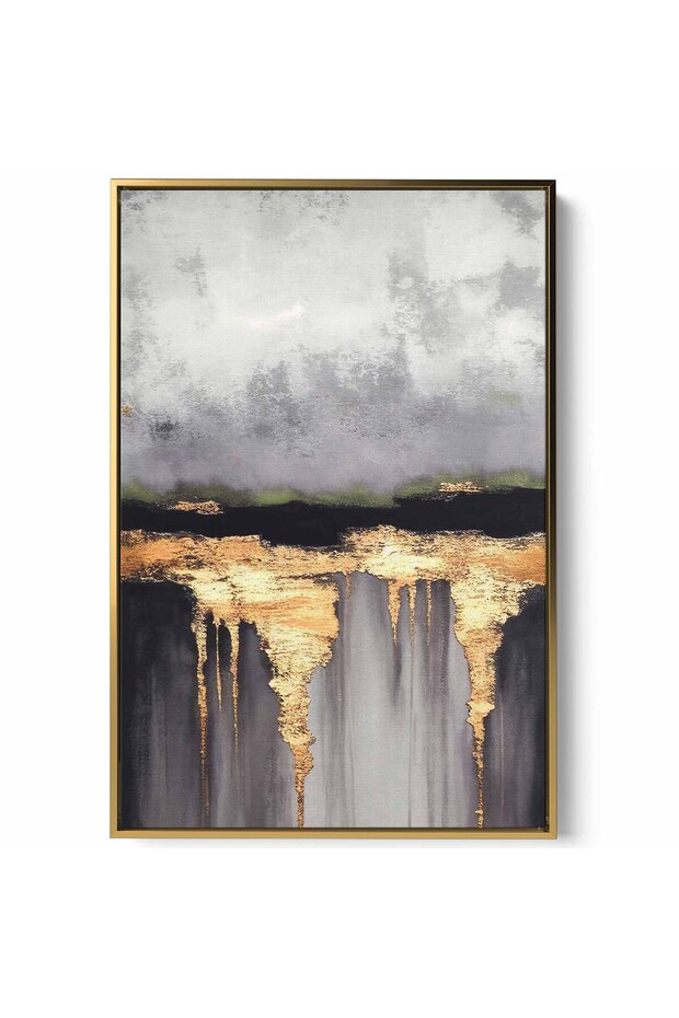 لوحة فنية جدارية من القماش مشدودة على إطار خشبي بإطار ذهبي عائم وتصميم تجريدي