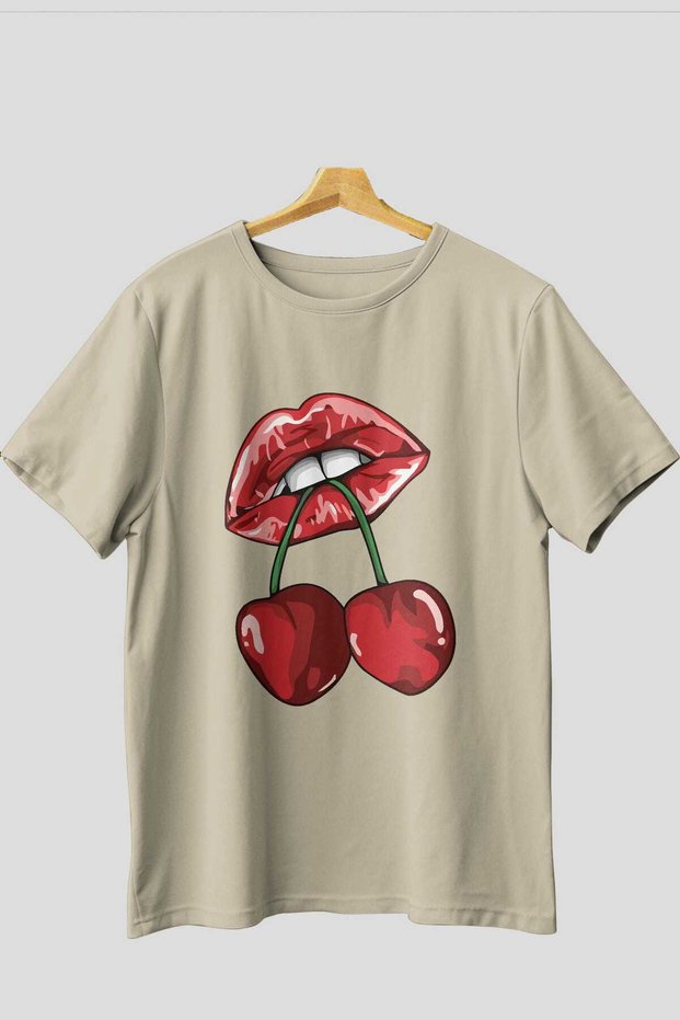 Cherry Cherries 11 Front Printed Beige Oversize T-Shirt Men Women Cotton Crew Neck Tshirt