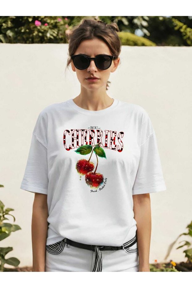 Cherry Cherries 7 Pre-Printed White Oversize T-Shirt Men Women Cotton Crew Neck T-Shirt