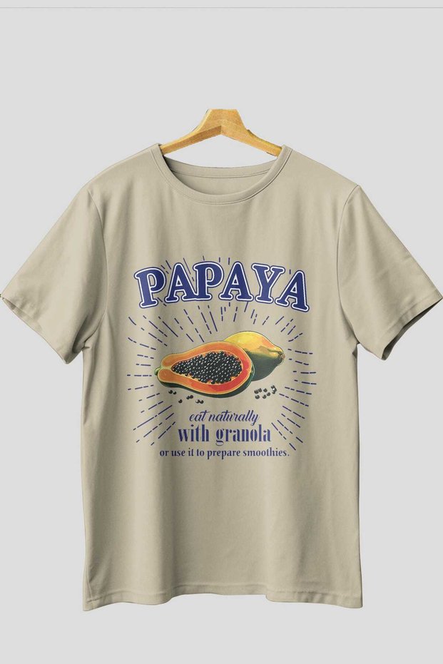 Papaya Front Printed Beige Oversize T-Shirt Men's Women's Cotton Crew Neck T-Shirt