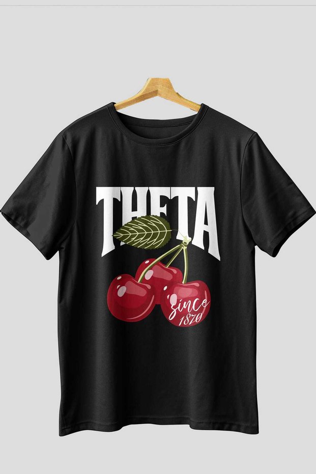 Theta Cherry Cherries Front Printed Black Oversized T-Shirt Men Women Cotton Crew Neck Tshirt