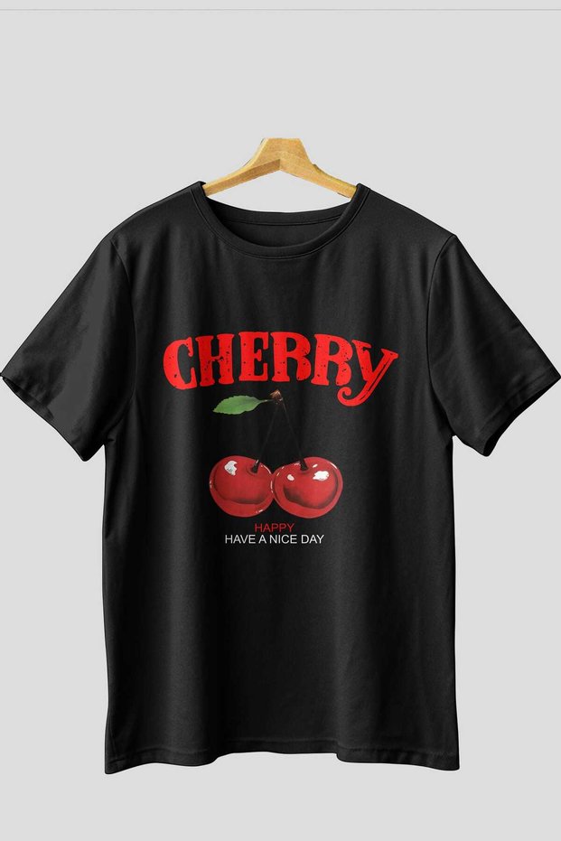 Cherry Cherries 5 Pre-Printed Black Oversize T-Shirt Men Women Cotton Crew Neck T-Shirt