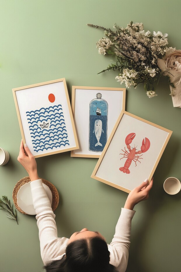 Ahşap Tablo Seti, 3 Adet Ahşap Çerçeveli Poster Sea Icons Model No:300831, Mavi Duvar Dekoru - 3