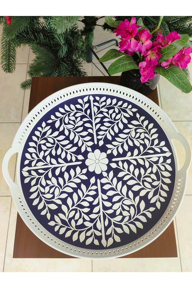Delit 38 Cm Yuvarlak Örgü Tepsi - Lacivert - Beyaz - 7