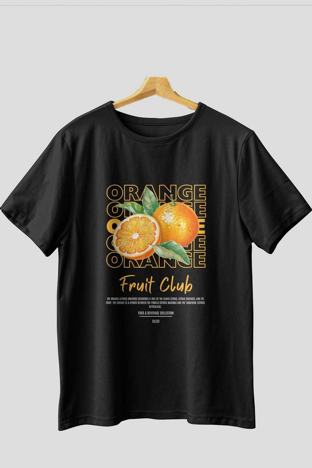Orange Front Printed Black Oversize T-Shirt Men Women Cotton Crew Neck Tshirt