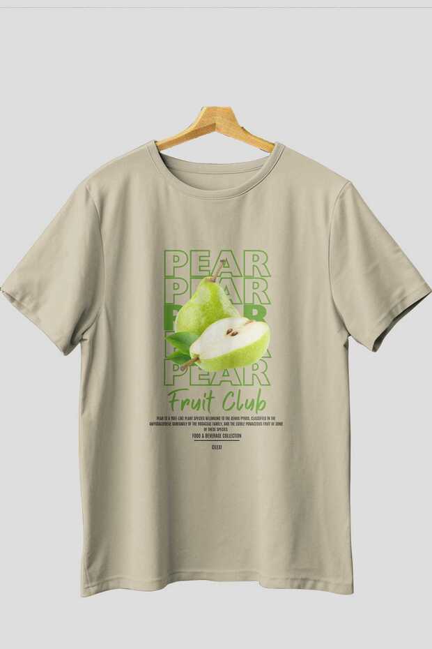 Pear Front Printed Beige Oversize T-Shirt Men Women Cotton Crew Neck Tshirt