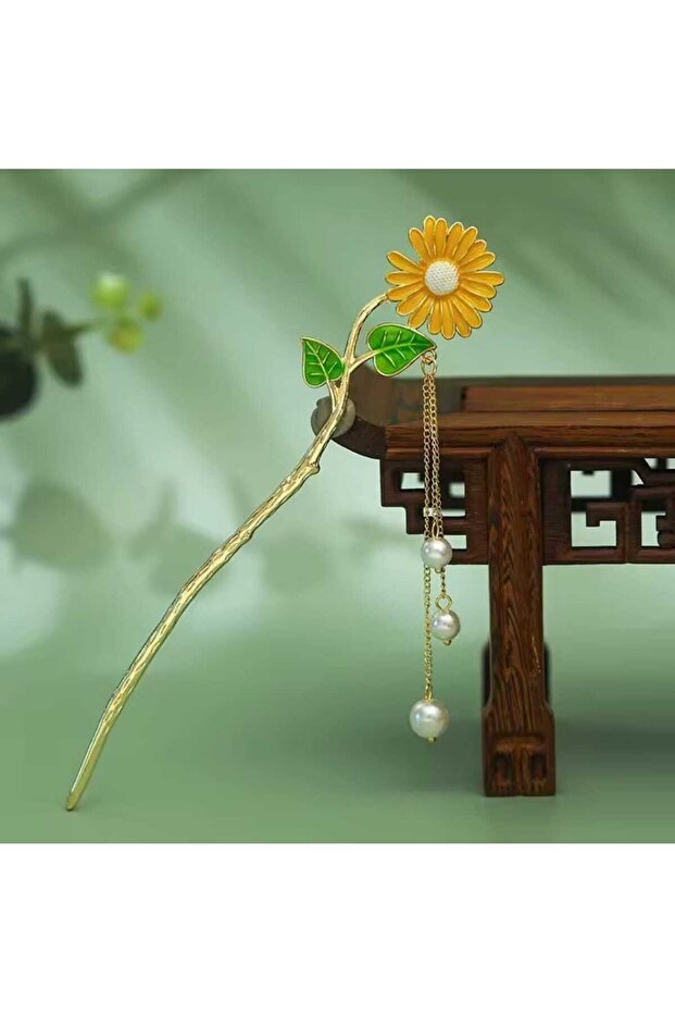 Gold Color Daisy Detailed Bowknot Pencil Buckle Chinese Stick Japanese Buckle