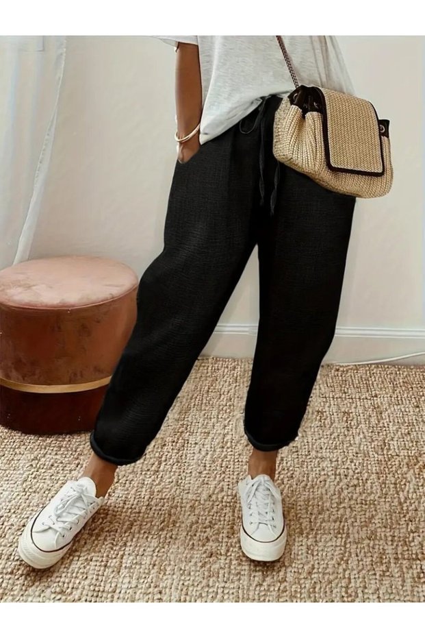 New Season Women's High Waist Elastic Waist Aerobin Trousers with Lacing Detail
