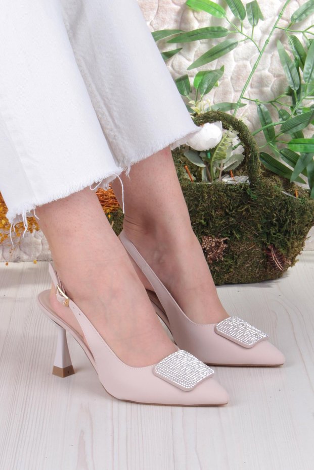 132-1333 Fls Satin Stone Buckle Detailed Open Back Closed Front Heeled Women's Shoes