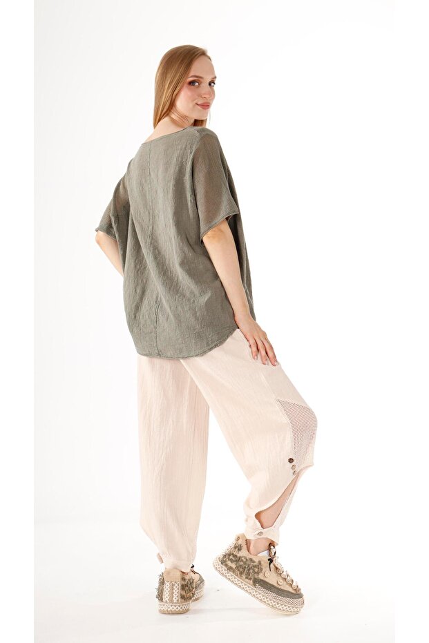 Payetli Nakışlı Keten Bluz - 5