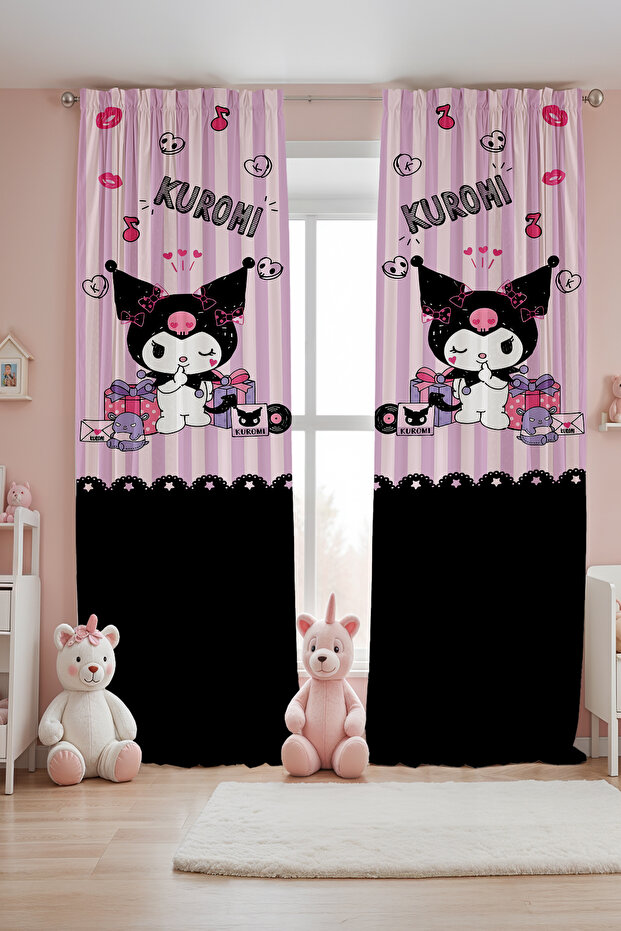 Lilac Striped Partici Kuromi Patterned Children's Baby Room Background Curtain (Single Wing Pricing)