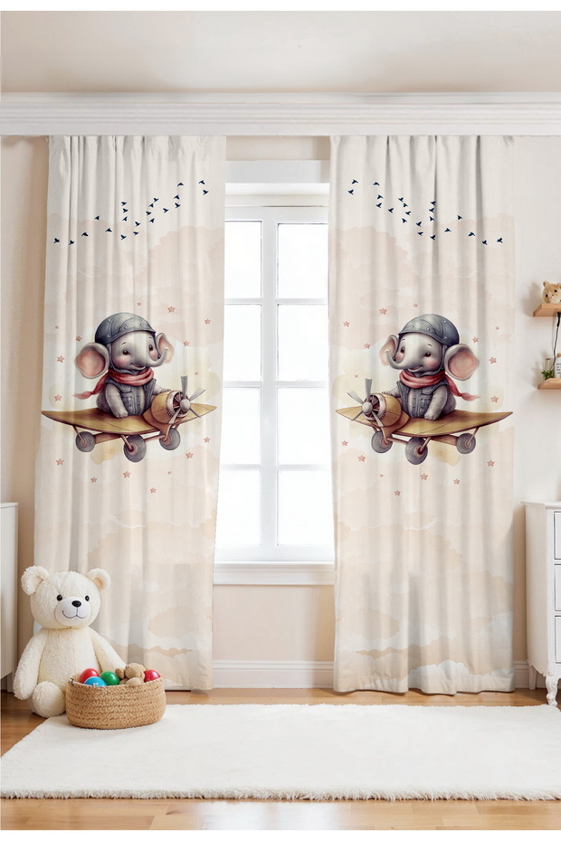 Pilot Elephant Patterned Children's Baby Room Background Curtain (Single Wing Pricing)