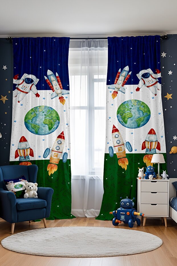 Navy Blue Green Space Patterned Children's Baby Room Background Curtain (Single Wing Pricing)