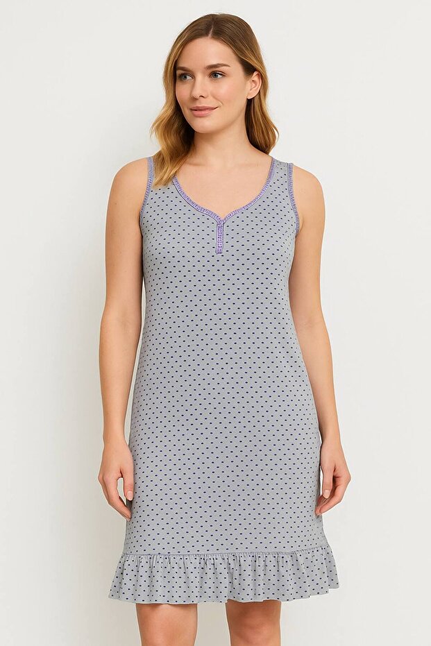 Women's Gray Sleeveless Purple Polka Dot Home Dress