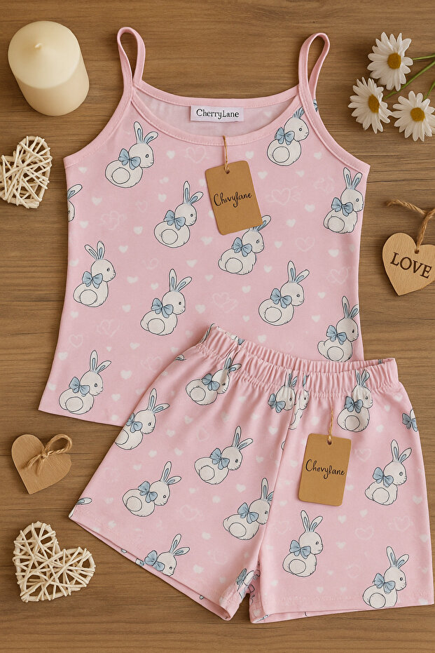 Rabbit Pattern Powder Pink Suspender Shorts Summer Pajamas Set - Home Wear - Cotton