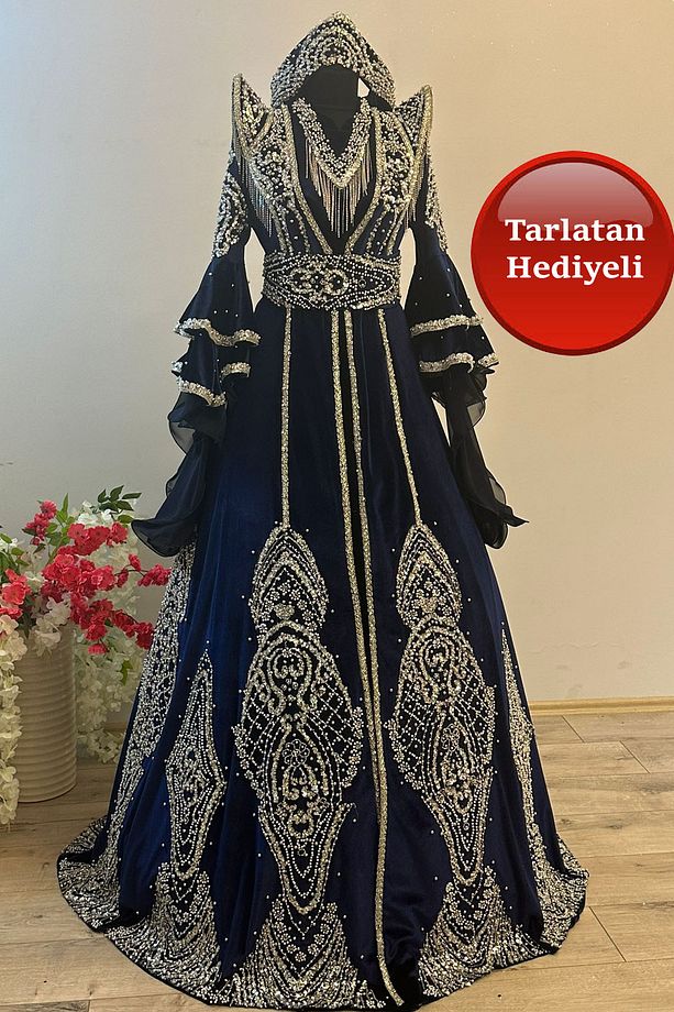 Tesettür Bindallı Kaftan Kadife Gelin Kına Gecesi Elbisesi Bindallı Tacı, Kemer, Kolye, Tarlatan Set - 6