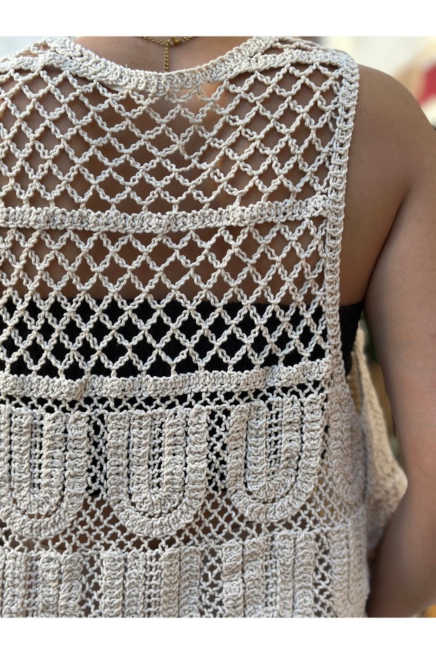 Bej Kadın Kolsuz Örme Yelek - 3