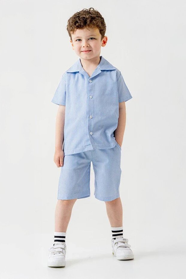 My Little's Pimples Striped Shirt Shorts Linen Boy's 2-Piece Set - Light Blue