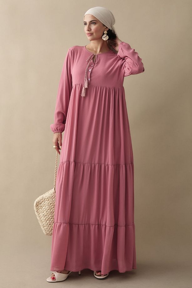 Yakası Bağcıklı Yoryo Pembe Şifon Elbise - 5