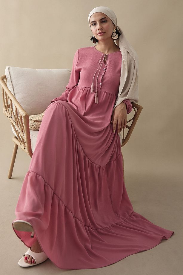 Yakası Bağcıklı Yoryo Pembe Şifon Elbise - 1