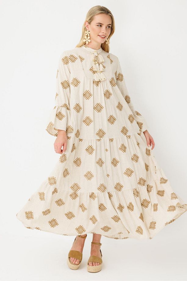 Nakış İşlemeli Keten Elbise CAMEL - 8