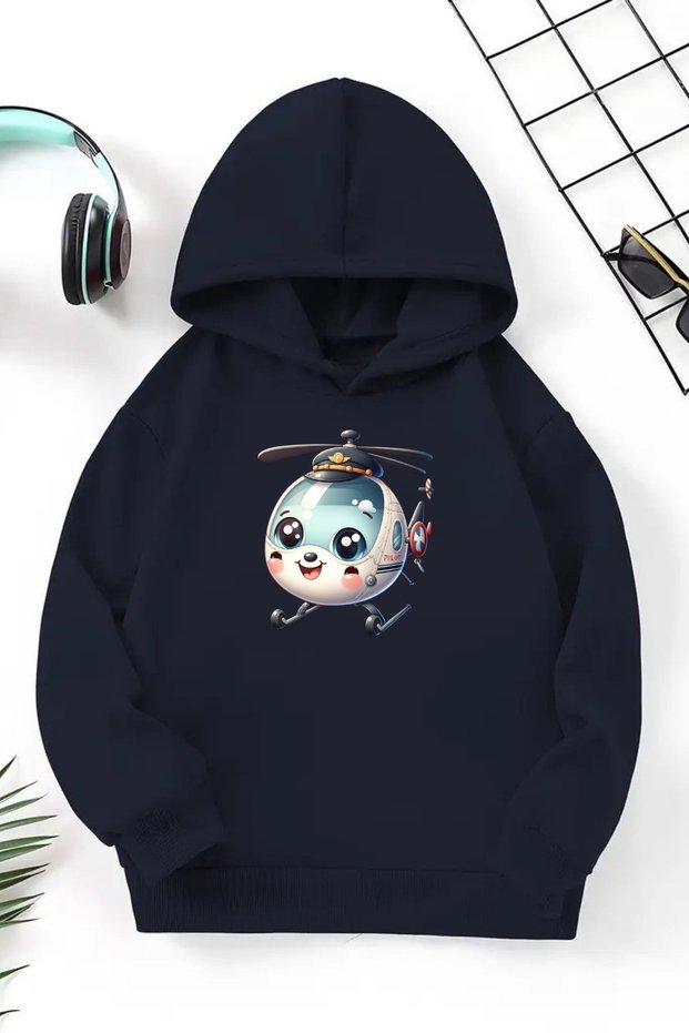 Unisex Navy Blue Children's Hooded Sweatshirt – Helicopter, Printed Thick Fabric