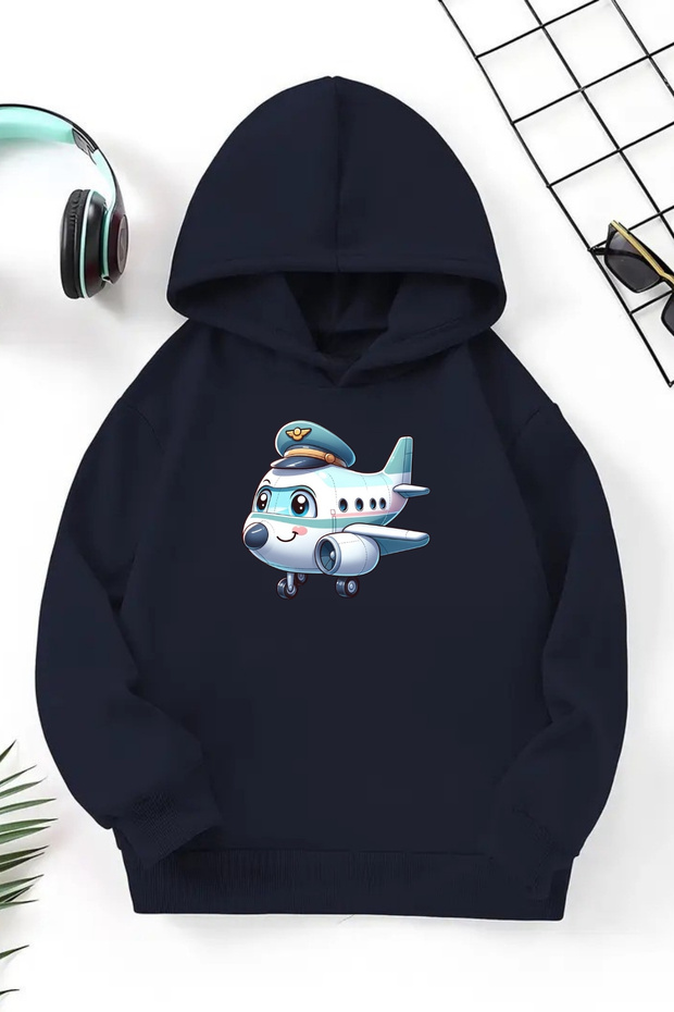 Unisex Navy Blue Children's Hooded Sweatshirt – Airplane, Printed Thick Fabric
