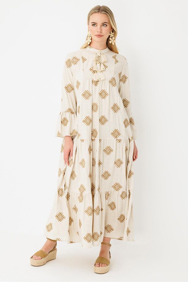 Nakış İşlemeli Keten Elbise CAMEL - 4