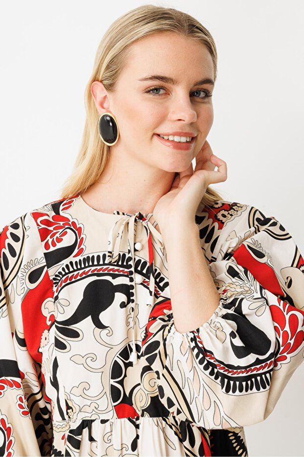 Elbise EKRU KIRMIZI - 5