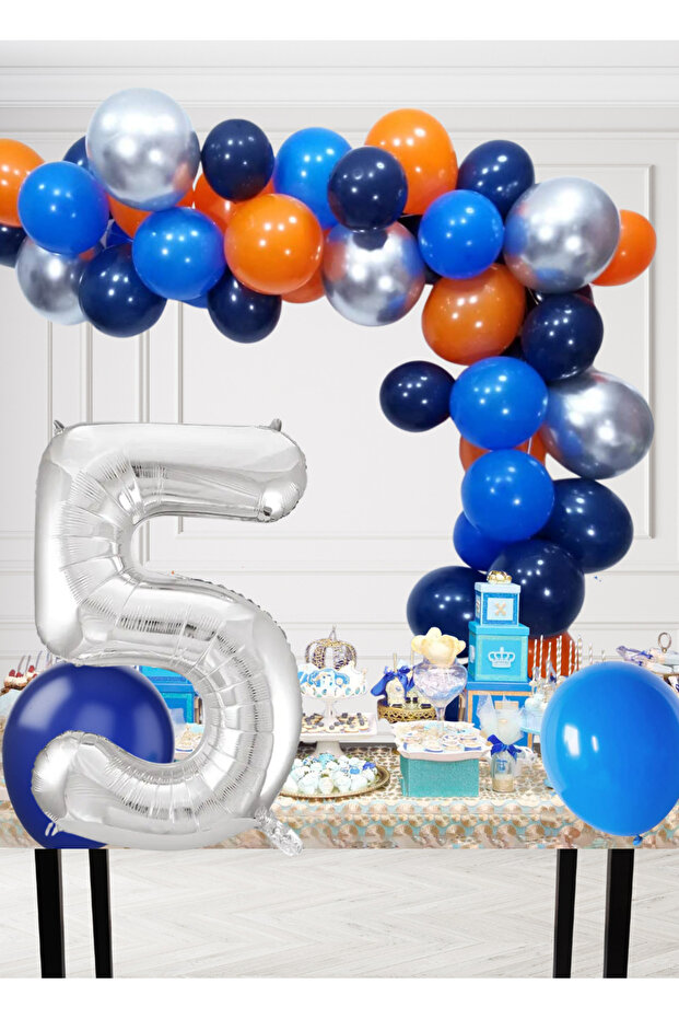 5 Year Old Cosmic Themed Birthday Set Cosmic Blue Orange Silver Blue Balloons Silver Foil Number