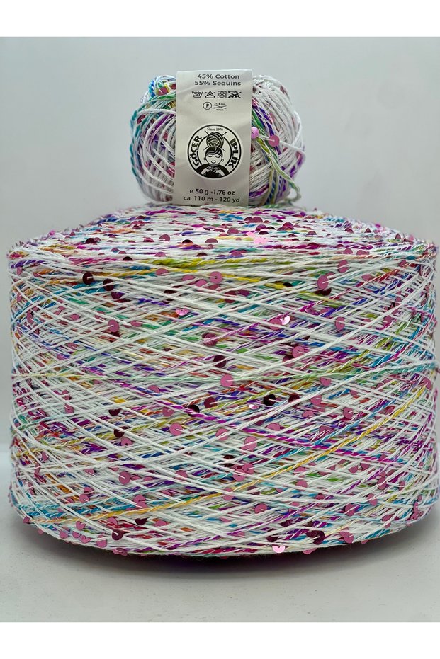 Knitting Yarn 100% White Cotton Multi-Colored Gradient 3+6 Pink Sequins Pom-Poms 50X20=100 Gr