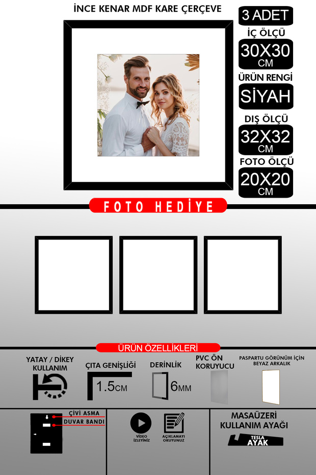 3 قطع إطار 30x30 - إطار شرائح رفيع - إطار أسود - إطار مربع - إطار صورة