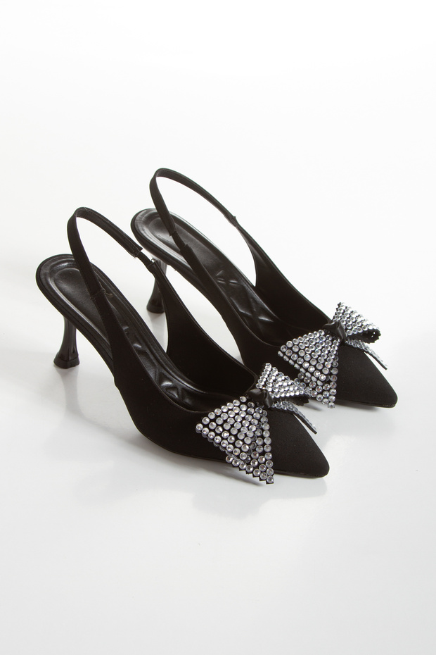 Women's Black Fabric Stoned Bow Open Back Daily Casual Evening Dress Stiletto Heeled Shoes