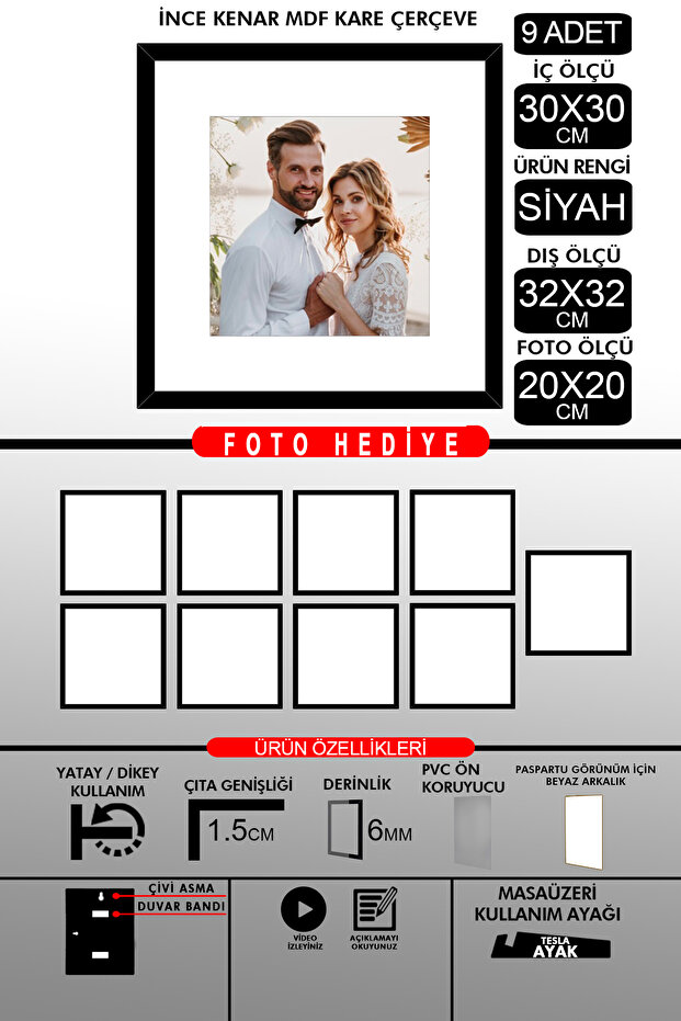 9 قطع إطار 30x30 - إطار شرائح رفيع - إطار أسود - إطار مربع - إطار صور