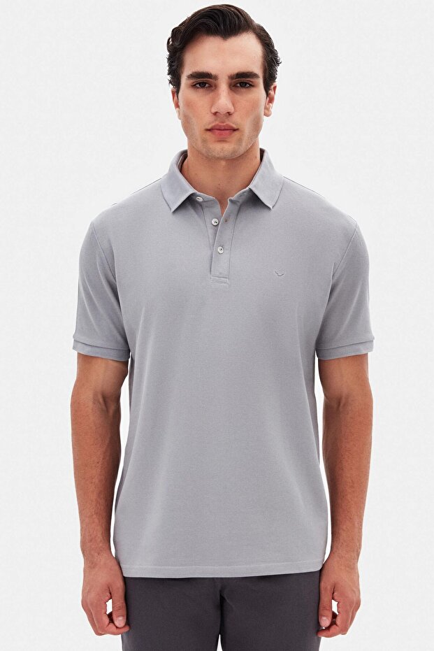 Ds Damat Regular Fit Gray Pique Textured 100% Cotton Polo T-Shirt