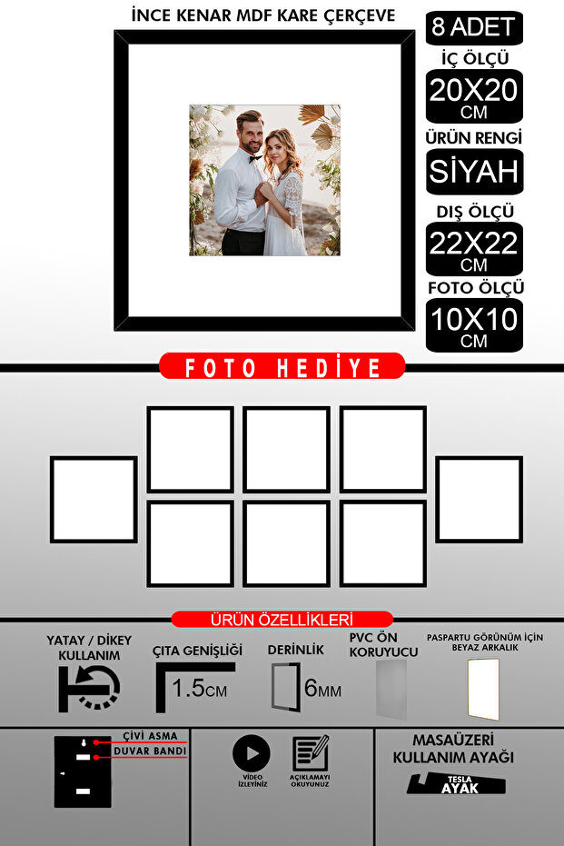 8 قطع إطار 20x20 - إطار شرائح رفيع - إطار أسود - إطار مربع - إطار صور