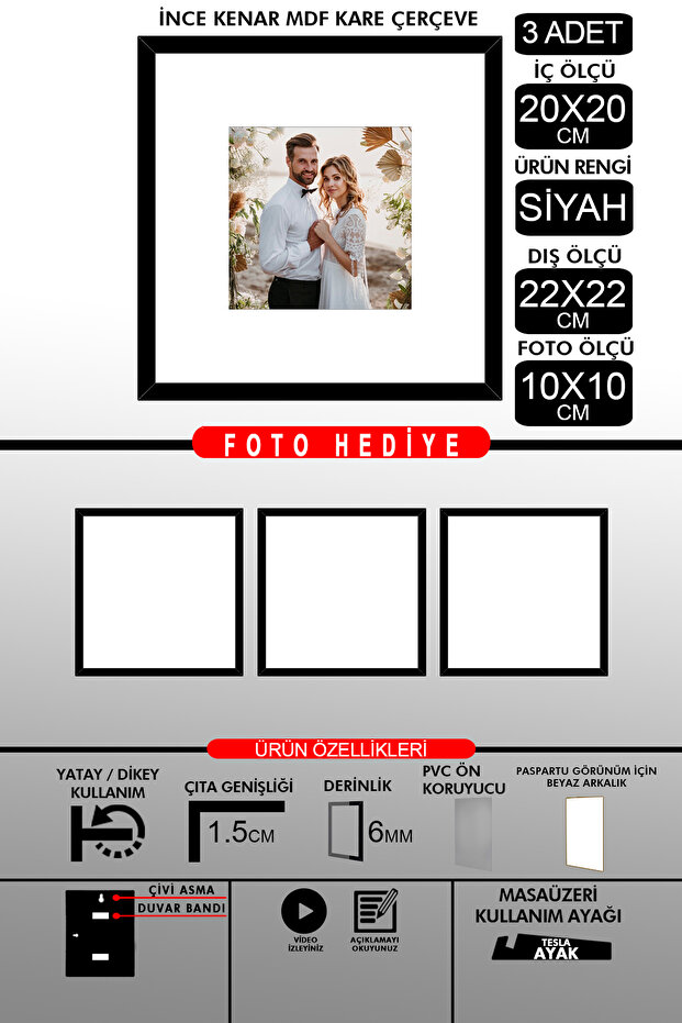 3 قطع إطار 20x20 - إطار شرائح رفيع - إطار أسود - إطار مربع - إطار صورة