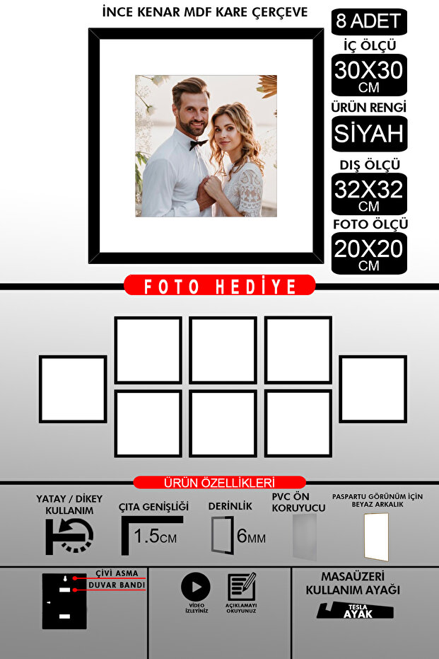 8 قطع إطار 30x30 - إطار شرائح رفيع - إطار أسود - إطار مربع - إطار صورة